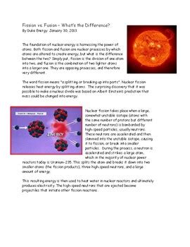 Fission Vs Fusion Article Reading Comparison And Vocabulary Tpt