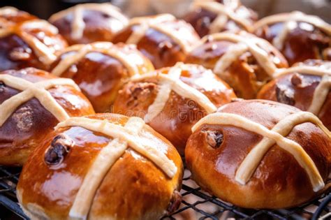 Hot Cross Buns With Assorted Fillings Arranged On A Celebratory Table Stock Image Image Of