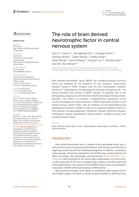 Pdf The Role Of Brain Derived Neurotrophic Factor In Central Nervous System