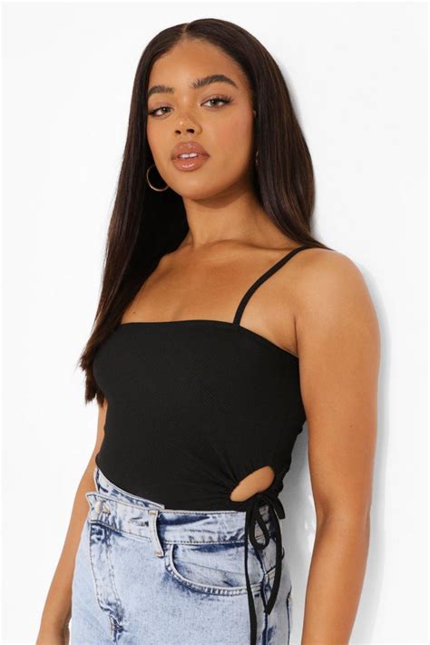 Womens Black Tie Detail Strappy Rib Bodysuit Boohoo Uk