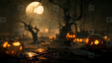 Halloween Pumpkin Horror In Dark Tombstones Background Creepy A Stock