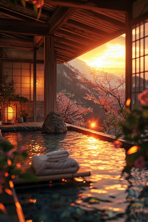 Japanese Serenity Ryokan S Private Hot Spring Bath With Sunset Magic In 2024 Zen Spa Decor