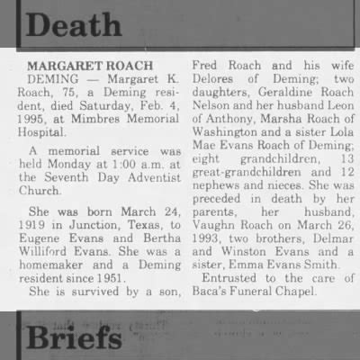 Obituary For Margaret K ROACH 1919 1995 Aged 75 Newspapers