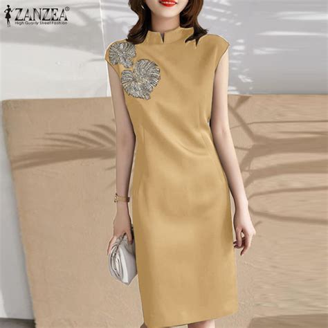 Zanzea Korean Style Women S Dresses Vintage Floral Embroidery Stand