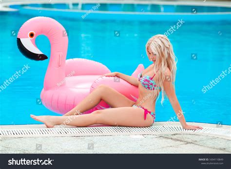 Fashion Blond Model Woman White Bikini Stock Photo
