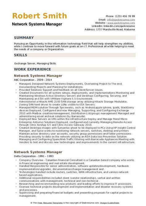 Network Systems Manager Resume Samples QwikResume