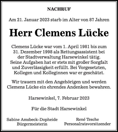 Traueranzeigen von Clemens Lücke trauer glocke de