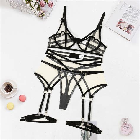 Luxallacki Strappy Sheer Mesh Bra Thong Garter Belt Leg Ring Lingerie Set Ebay