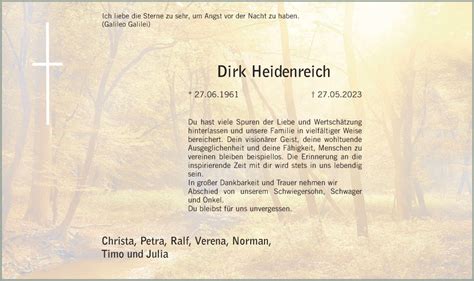 Traueranzeigen Von Dirk Heidenreich Trauer Nn De