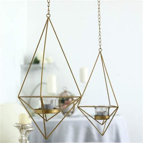 Set Of 2 Gold Geometric Hanging Tealight Candle Holders Diamond Shaped Open Frame Metal