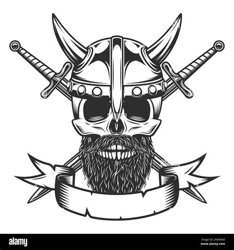 Crâne viking avec moustache et barbe en casque à cornes et épée croisée