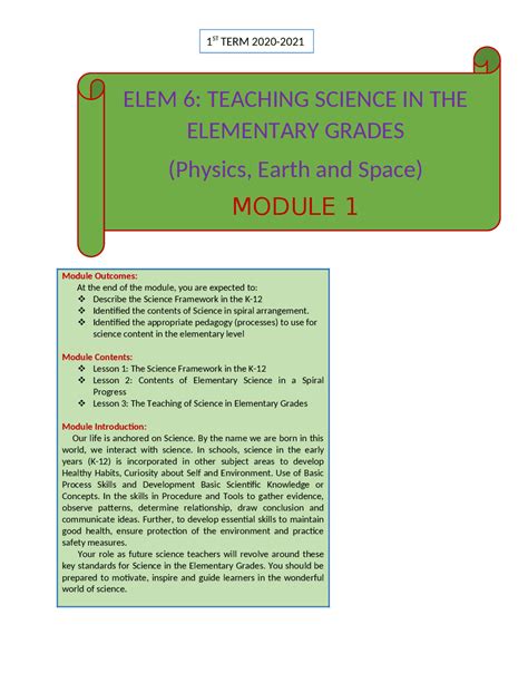 Module 1 for teaching science elementary in the grades ( physics, earth