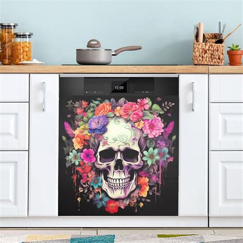 Skysonic Skull Flower Dishwasher Magnet Cover Dishwasher Front Door