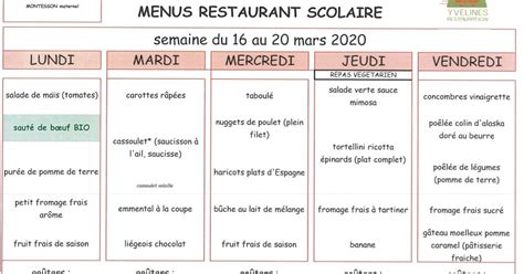 Parents d élèves école Ferdinand Buisson Menu 16 20 mars