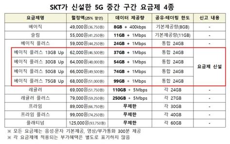 과기부 Skt 5g 중간요금제 허가24~99gb 구간 다양한 요금제 신설