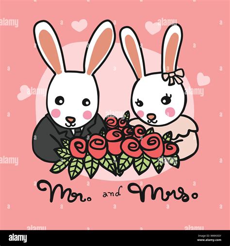 Mr And Mrs White Rabbit Wedding Cartoon Vector Illustration Stock