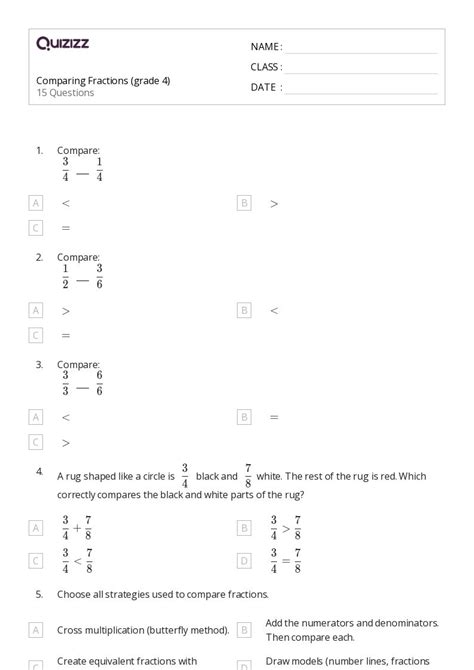 50 Comparing Fractions Worksheets For 4th Grade On Quizizz Free And Printable