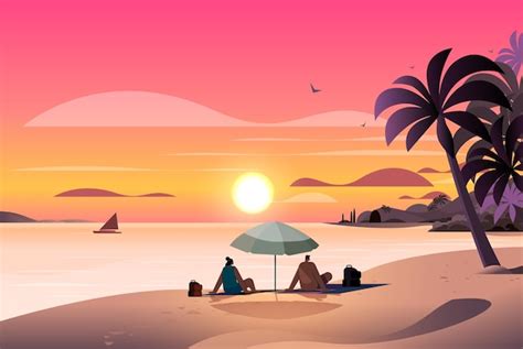 Premium Vector Man Woman Couple Sitting Together Under Umbrella On Tropical Beach Summer