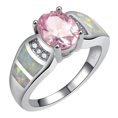 Pink Crystal Zircon White Opal 925 Sterling Silver Ring Size 6 7 8 9 10