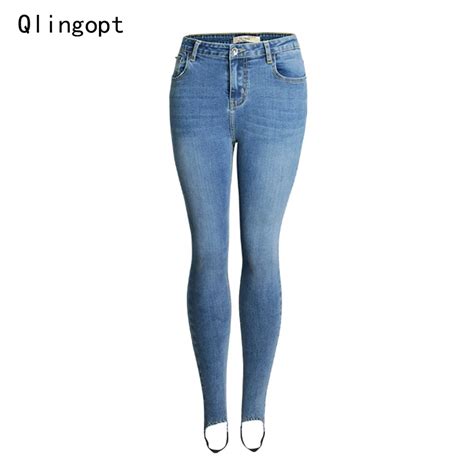 Qlingopt Skinny Jeans Women Blue Push Up Mid Waist Boyfriend Jeans