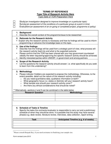 Terms Of Reference Survey Methodology Business