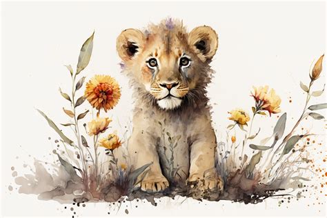 Watercolor Cute Floral Baby Lion Graphic by 1xMerch · Creative Fabrica