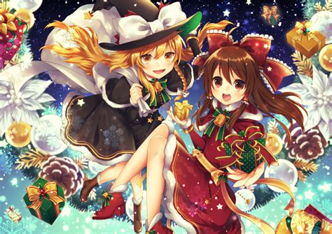 Girls Blonde Hair Boots Brown Eyes Brown Hair Christmas Hakurei Reimu Hat Kirisame Marisa Long