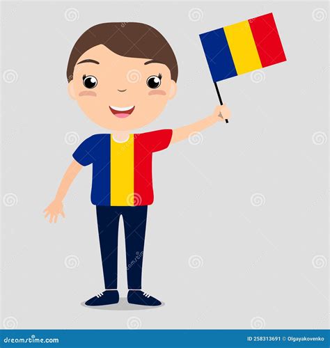 Smiling Child Boy Holding A Romania Flag Isolated On White Background