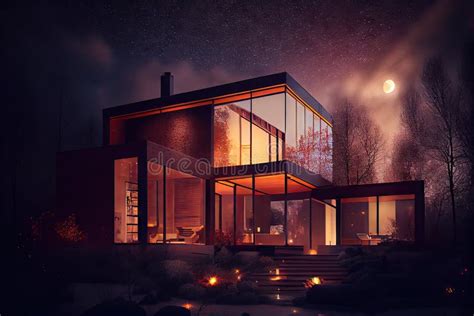 Warm Glow of Lights Against the Night Sky, with a View of a Modern House Exterior Stock ...