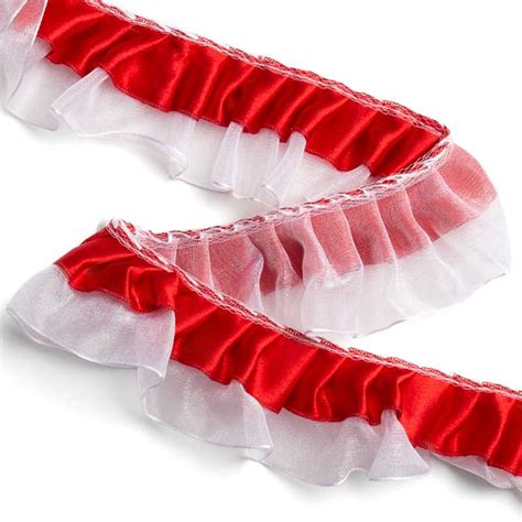 25 Yd Ruffled Red Ribbon On White Organza Lace Trim Ribbon And Trims