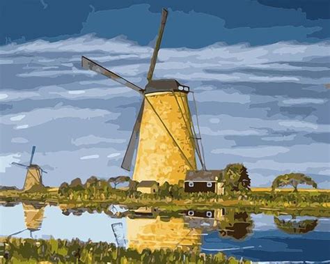 Windmill By The River Paint By Numbers Numeral Paint Kit