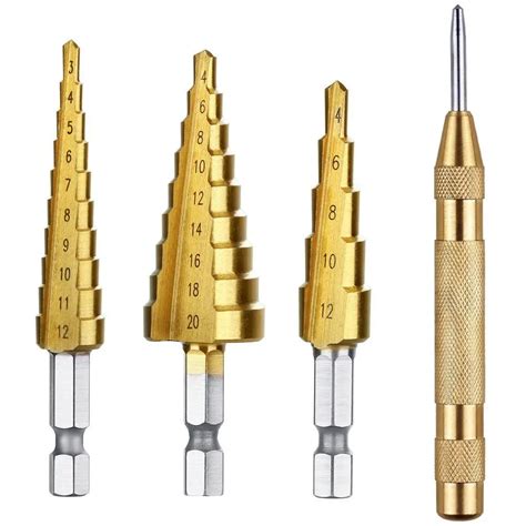 3pcs Hss Titanium Step Drill Bit Set With 1pc Automatic Center Punch Drilling Tool Set Auto