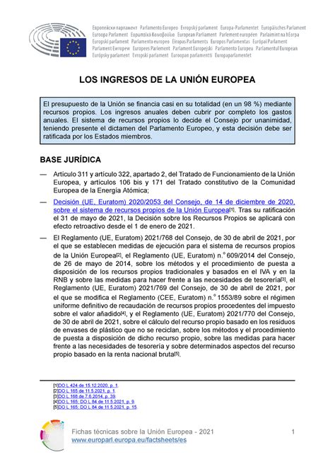 Los Ingresos De La Ue Recursos Propios Ue Fichas Técnicas Sobre La Unión Europea 2021 1 Los