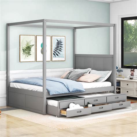 EUROCO Queen Size Canopy Platform Bed With Trundle And Drawers Solid