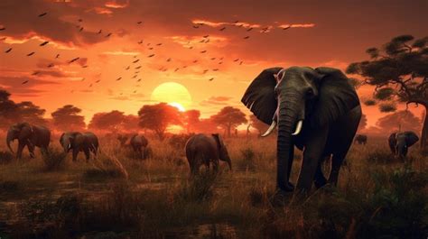 Premium AI Image | Herd of elephants in the savanna at sunset