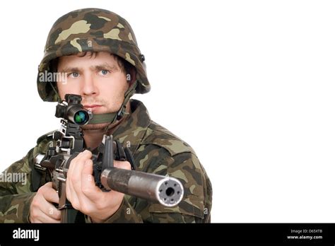 Armed Soldier Pointing M16 Stock Photo Alamy