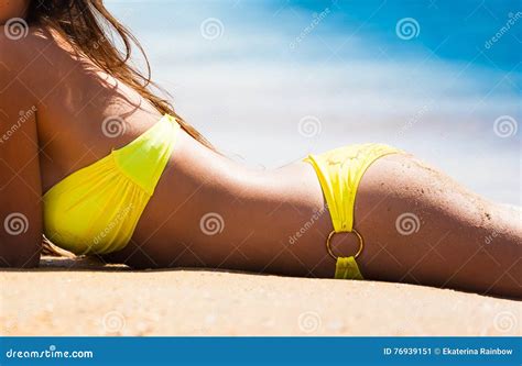 Brunette Woman Yellow Bikini Sea Stock Image Image Of Girl Female