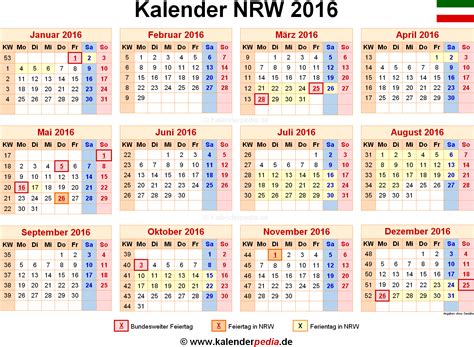 Kalender 2016 NRW Ferien Feiertage Word Vorlagen