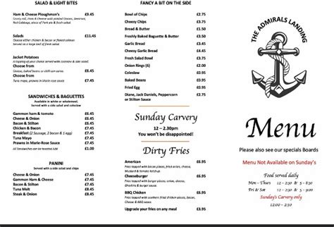 Admiral’s Landing Bridgwater's full menu online