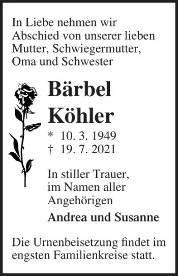 Traueranzeigen von Bärbel Köhler Trauer Nordkurier