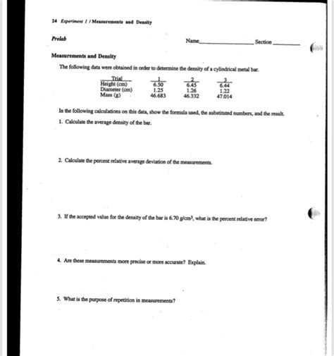 Solved 24 Experiment 1 / Measurements and Density Prelab | Chegg.com 