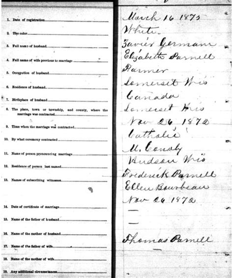 1872 Marriage Record For Zaphire Zavier Germain And Elizabeth Parnell