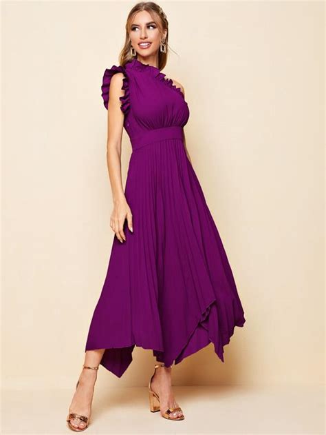 Shein Belle One Shoulder Ruffle Detail Pleated Hanky Hem Bridesmaid