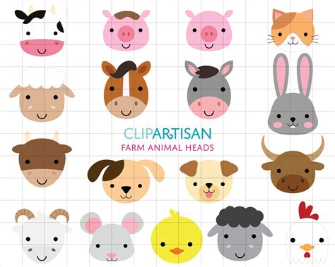 Farm Animal Faces Clipart Farmyard Animals Pig Cow - Etsy