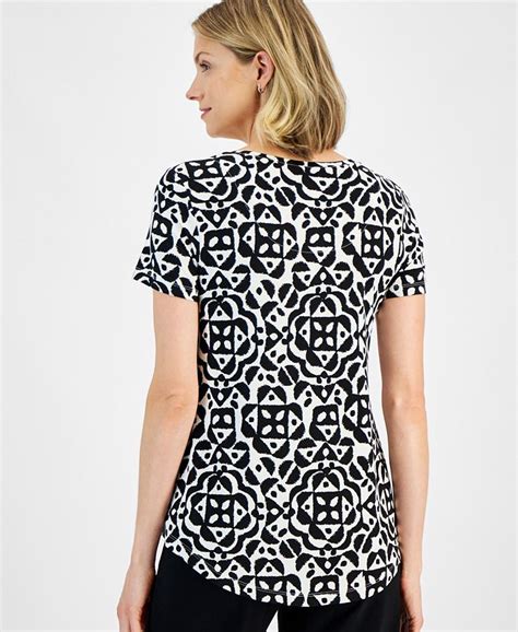 Jm Collection Womens Printed Scoop Neck Short Sleeve Top Created For Macys Macys