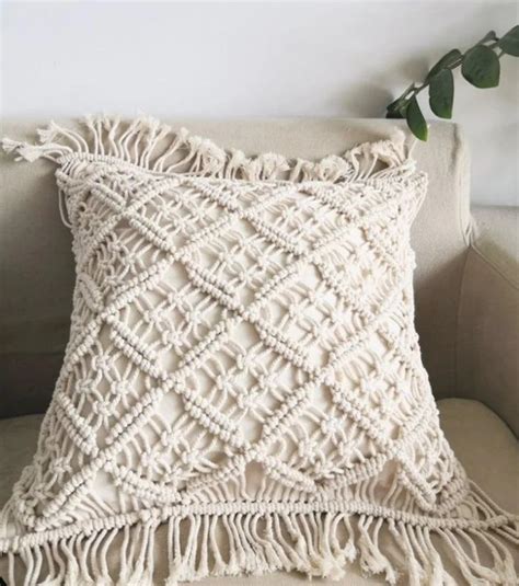 Crosia Work White Macrame Silk Cushion Cover Size 12 X 12 Inches At