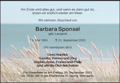 Barbara Sponsel Traueranzeige Trauer InFranken De