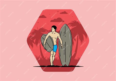 Premium Vector The Shirtless Man Holding Surfboard Illustration