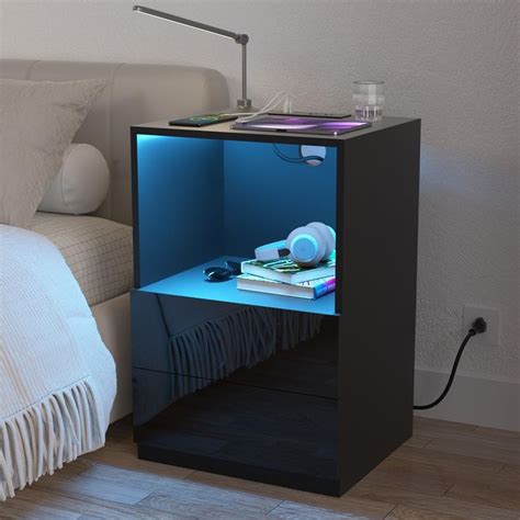 HOMMPA Open Shelf LED Nightstand With Charging Station Modern Bedside