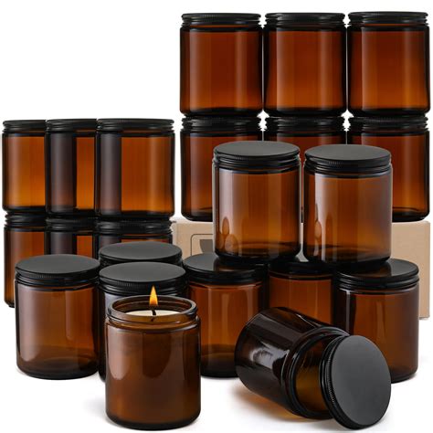 24 Pack 8 OZ Thick Amber Round Glass Jars With Black Metal Lids